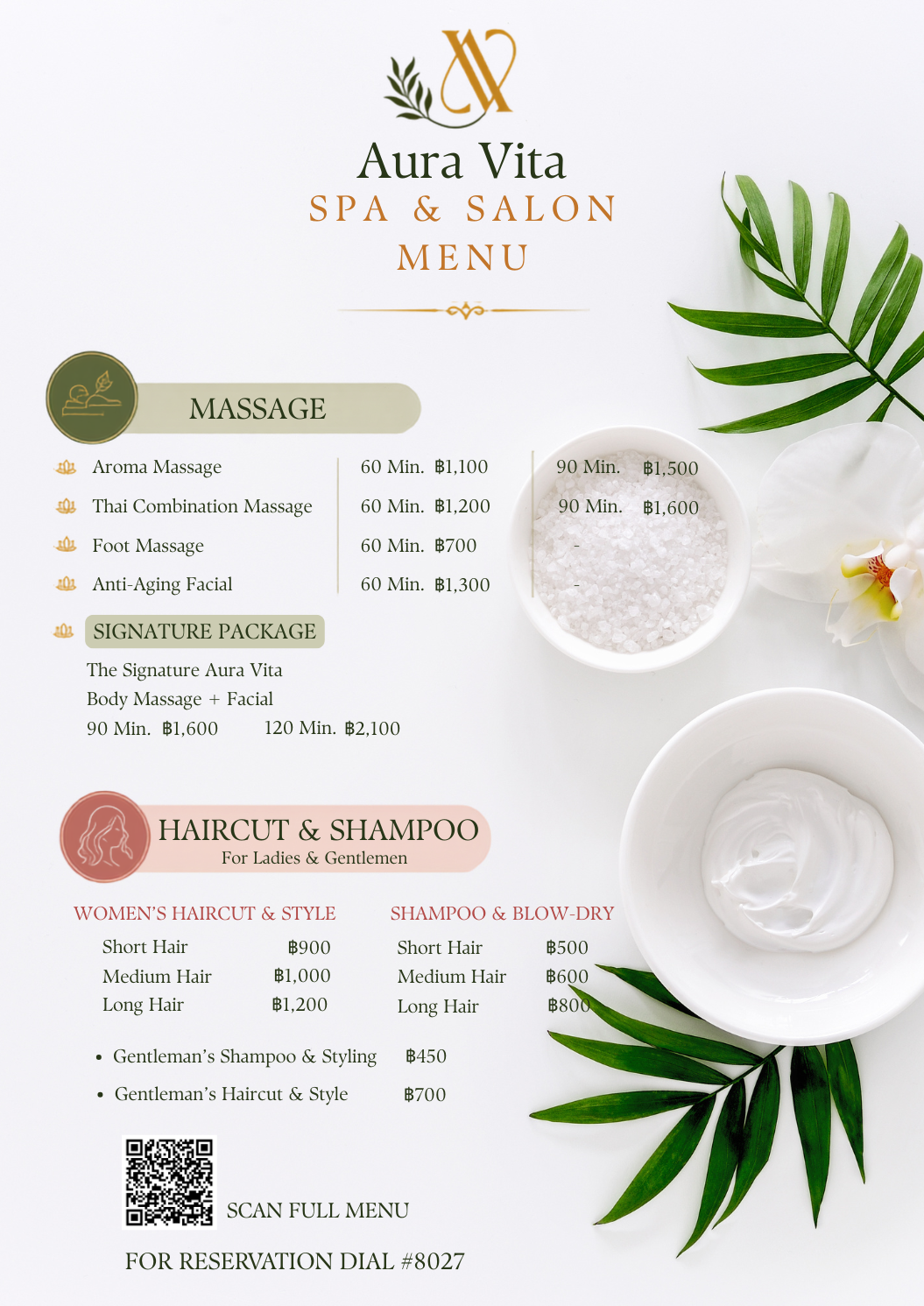 Aura Vita Spa & Salon menu highlights: massage, signature package, haircut and shampoo